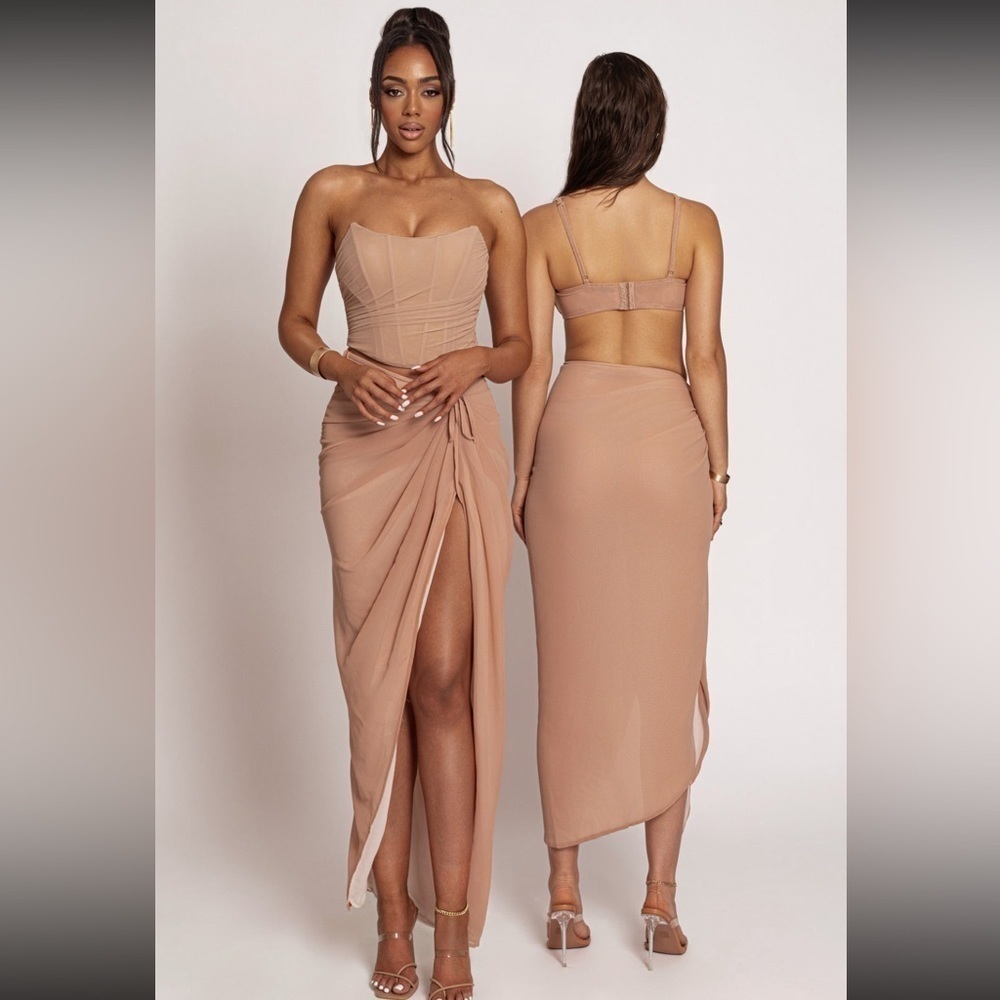 NEW JLUXLABEL Tan Uncharted Waters Mesh Sarong Maxi Hem Skirt - Picture 9 of 11